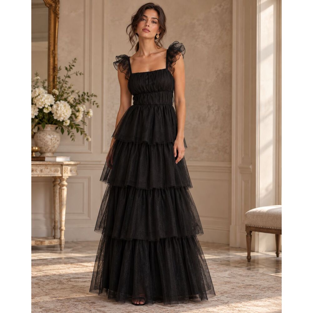Lulus Tulle For Love Maxi Dress Black Mesh Tulle Tiered Ruffled Size XS NWOT